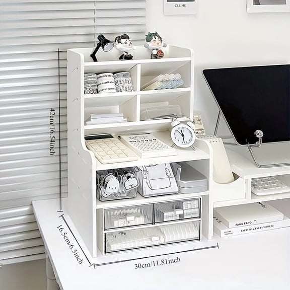 Two-Tier Desk Organizer with Drawer, Tilt Pen Holder, and Raised Bookshelf, Matte White PVC for Stationery and Office Supplies, Space-Saving Partition Box for Dorm or Office