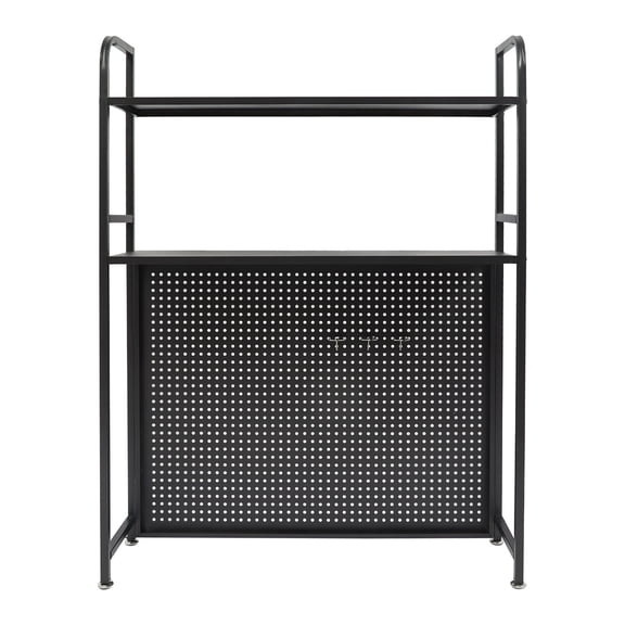 Two Tier Desktop Bookshelf, 75cm White/Black Metal Desk Organizer Shelf, Commercial Overshelf with Pegboard and Hooks, for Office Study Room