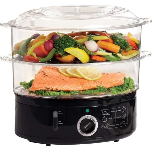 Two Tier Food Steamer with Stackable Baskets & Removable Base for Fast Simultaneous Cooking - Auto Shutoff & Boil Dry Protection, 7.4 QT, Black