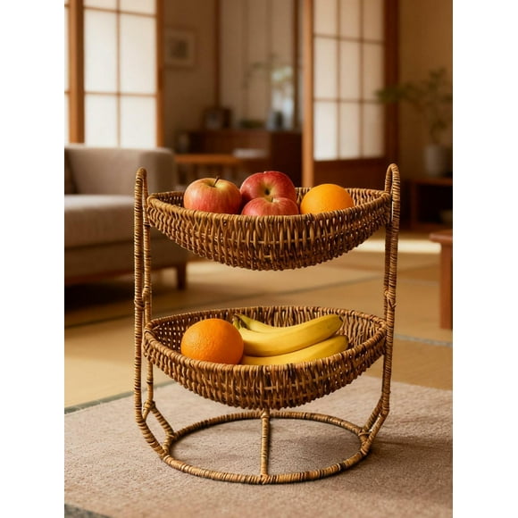 Two Tier Fruit Basket Stand Storage Basket Fruit Rack Rustic for Kitchen Counter Sturdy with Top Handle Bread Holder for Living Room Countertop Bedroom