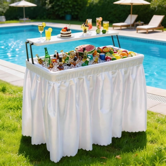 Two-Tier Ice Cooler Table, 4FT Folding Ice Bin with Drain & White Skirt, Portable Food Party Station for Weddings, BBQs, Camping