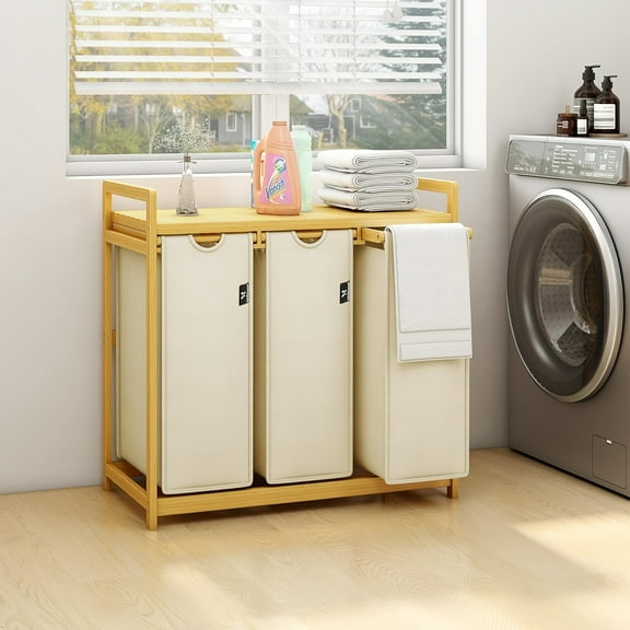Two-Tier Laundry Sorting Station with Extendable Bags and Bamboo Shelves, Multi-Function Laundry Basket Organizer for Home