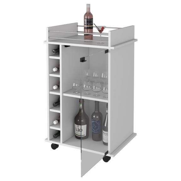 Two-Tier Mobile Bar Cart with Glass Door and Liquor Cubbies