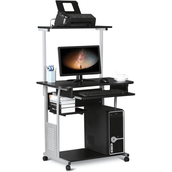 Two-Tier Mobile Computer Desk with Printer Stand and Keyboard Tray Compact Study & Workstation on Wheels, Space-Saving, Black