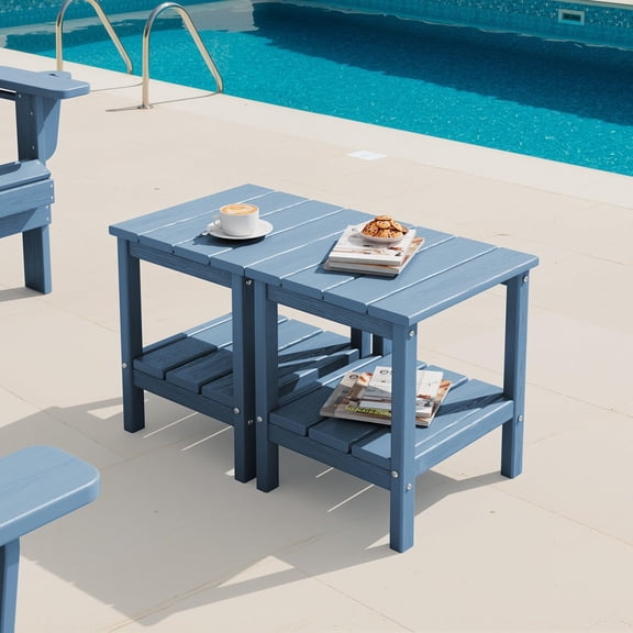 Two Tier Outdoor Side Tables Set of Two, Weatherproof Rectangular Adirondack Side Table, Heavy Duty Patio End Table Organizer for Backyard Deck Balcony Poolside, Blue