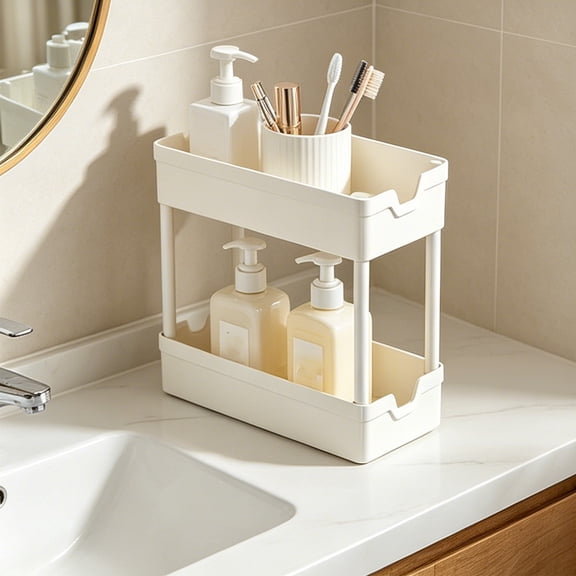Two Tier Plastic Vanity Storage Tray Rack with Drain Holes, Bathroom Kitchen Countertop Organizer for Cosmetics Sponge Soap, Space Saving H Shaped Frame Holder, 15.4 x 13.2 x 4.7 Inch, White