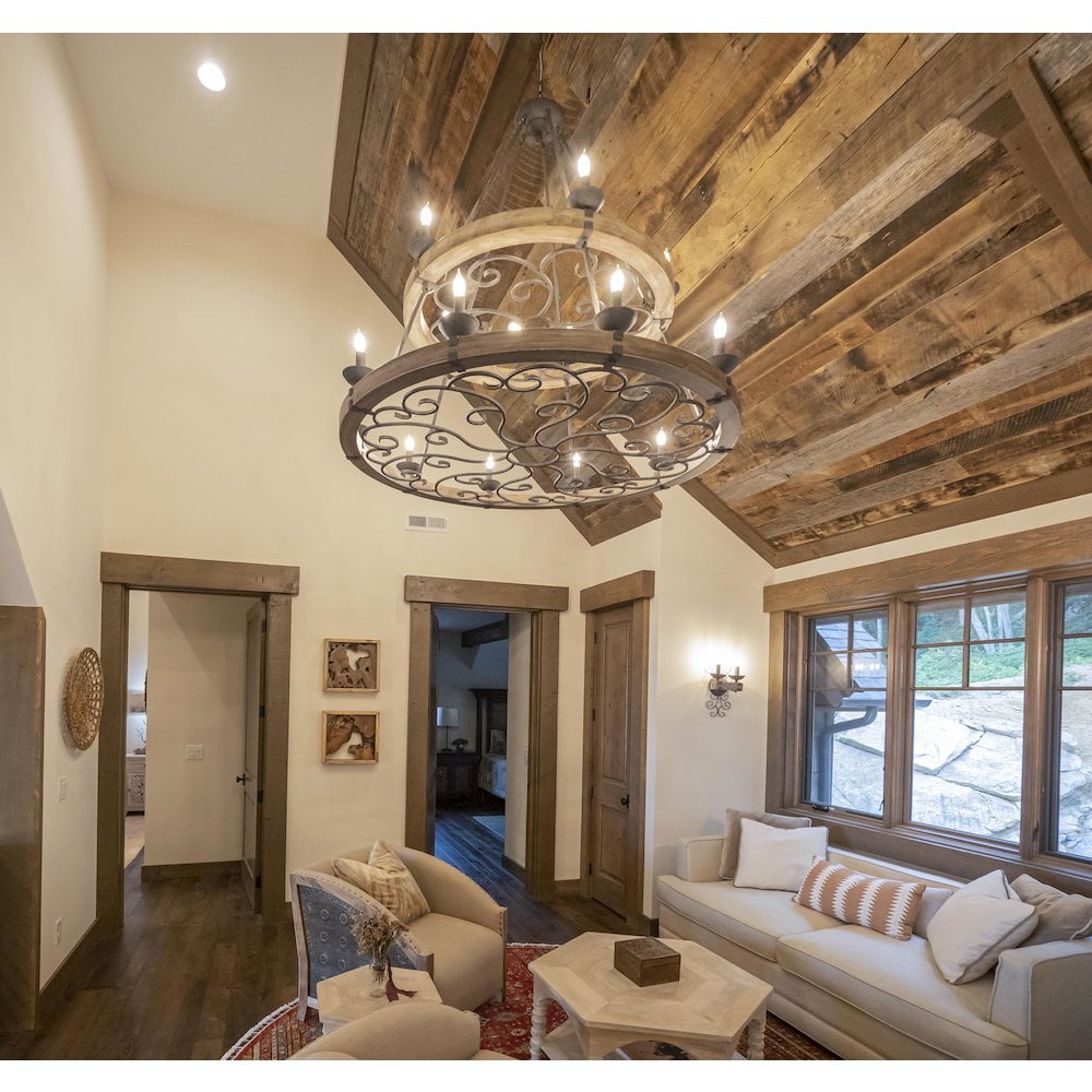 Two-Tier Brown Distressed Wood and Metal Empire Chandelier
