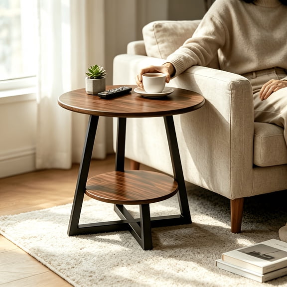 Two-Tier Round End Table Waterproof Easy-Clean Tabletop Stable Geometric Metal Frame Modern Accent Side Table for Living Room Sofa Side Bedroom Small Apartment Home Decor