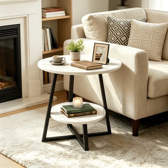 Two-Tier Round End Table Waterproof Easy-Clean Tabletop Stable Geometric Metal Frame Modern Accent Side Table for Living Room Sofa Side Bedroom Small Apartment Home Decor