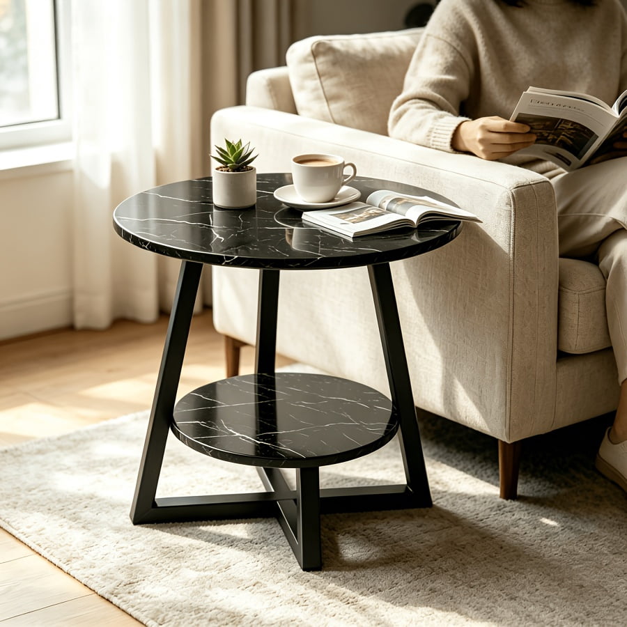 Two-Tier Round End Table Waterproof Easy-Clean Tabletop Stable Geometric Metal Frame Modern Accent Side Table for Living Room Sofa Side Bedroom Small Apartment Home Decor