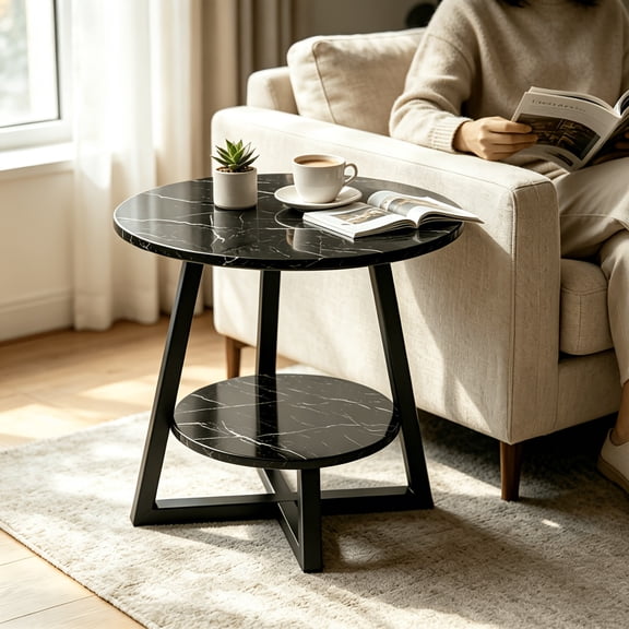 Two-Tier Round End Table Waterproof Easy-Clean Tabletop Stable Geometric Metal Frame Modern Accent Side Table for Living Room Sofa Side Bedroom Small Apartment Home Decor