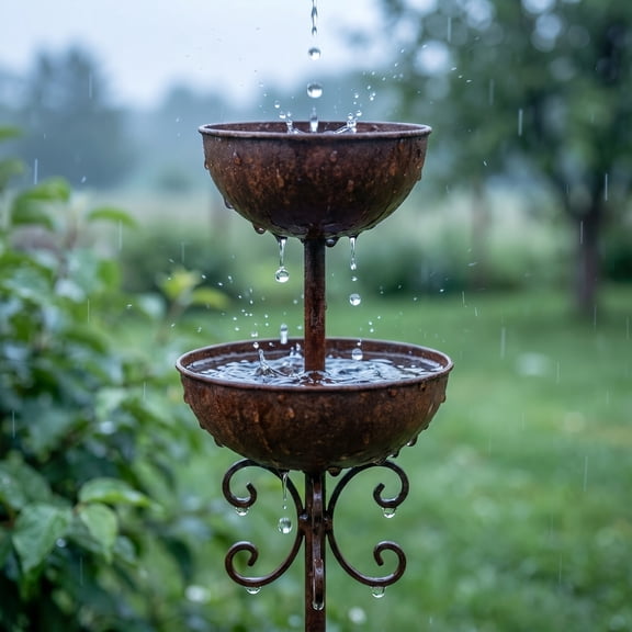 Two-Tier Rustic Metal Rain Drip Bird Bath Stake, Curved Scrollwork Ground Insert Water Basin, Weatherproof Outdoor Bird Water Station for Lawn Patio Garden
