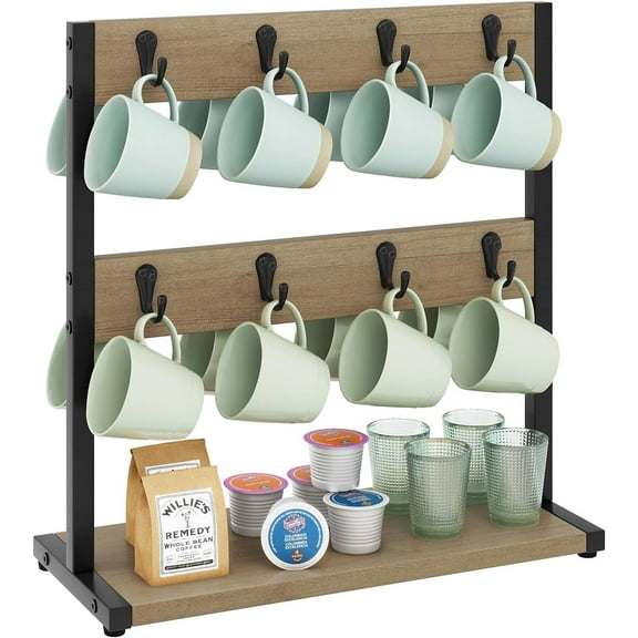 Two Tier Rustic Mug Tree Rack with Storage Base, Vintage Countertop Holder for Kitchen Holds 8 Coffee Cups, Rustic Brown Finish