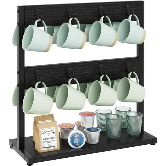Two Tier Rustic Mug Tree Rack with Storage Base, Vintage Countertop Holder for Kitchen Holds 8 Coffee Cups, Rustic Brown Finish