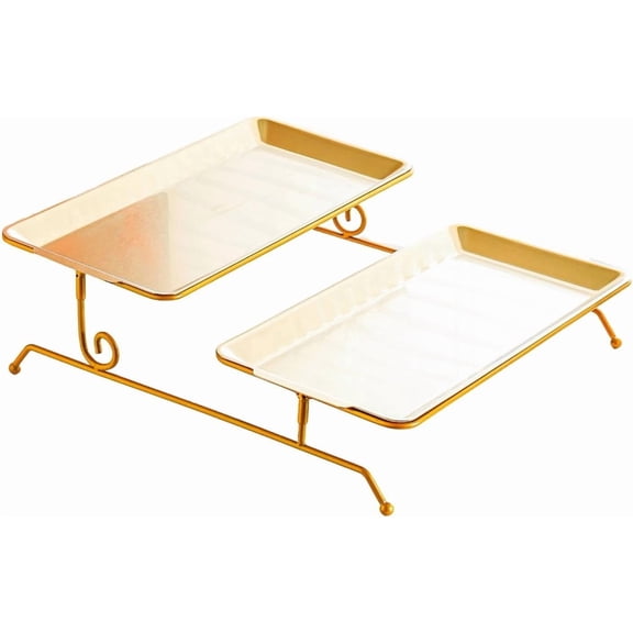 Two Tier Stainless Steel Fruit Bowl Snack Tray, Rectangular Fruit Platter Organizer for Living Room Coffee Table Party Reception, Gold