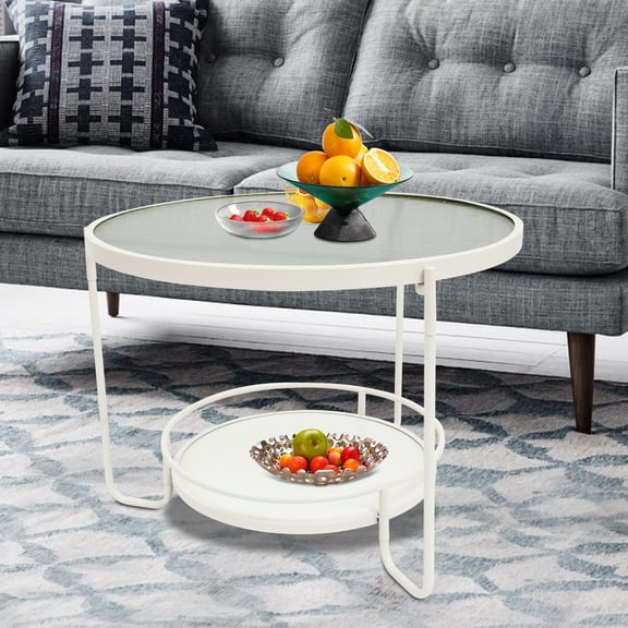 Two Tier Storage Round Accent Glass Table Easy Assembly Eco Board Shelf Sofa Bedside Side Table