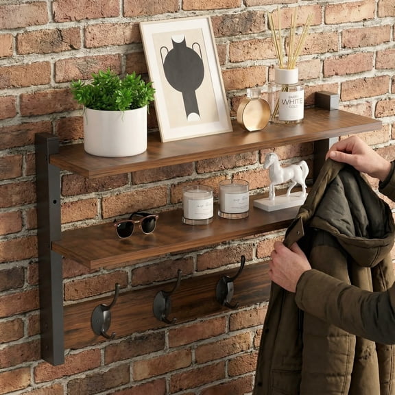 Two-Tier Wall Mounted Shelf with Hooks - hanging wall shelf Rustic Brown Coat Rack with Key Holder for Bedroom & Living Room Entryway Storage