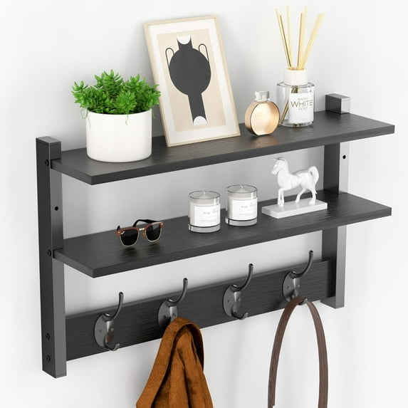 Two-Tier Wall Shelf with Hooks, 17" Coat Rack Wall Mount with Shelf, Entryway Key Hooks for Wall with Heavy Duty Double Hooks, Coat Hook Wall Mounted for Bedroom, Living Room, Black