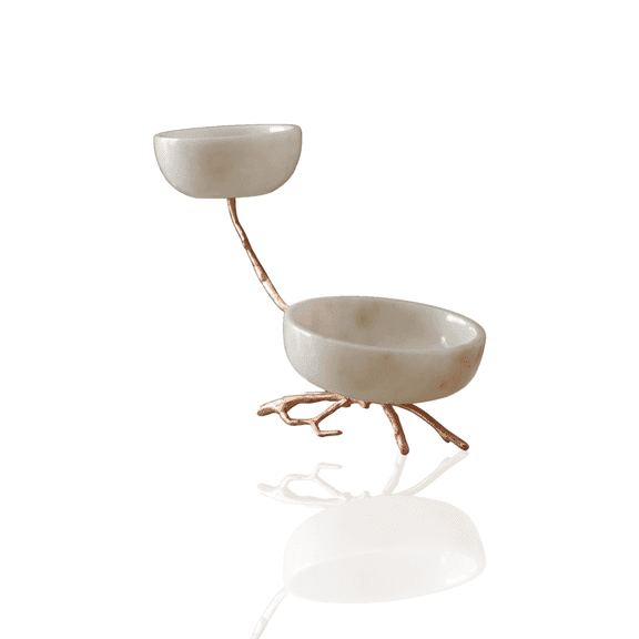 Two-Tier White Marble Serving Bowls With Copper Branch Base
