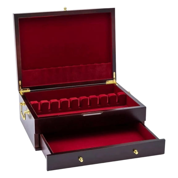 Two-Tier Wooden Flatware Chest with Red Velvet Lining Standard