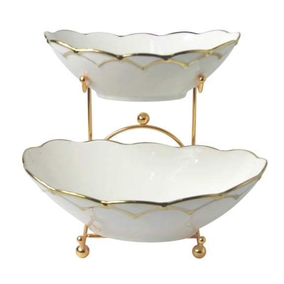 Two Tiered Ceramic Serving Bowls Plates Fruits Nuts Food Party Dish Decoration Ceramico Large Gold Metal Base