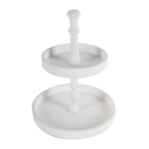 Two-Tiered Round Wooden Serving Tray 11.8"W 15.4"H, White Finished, MDF & Fir Wood Stand, for Dessert, Fruit, Canap Display & Home Decor