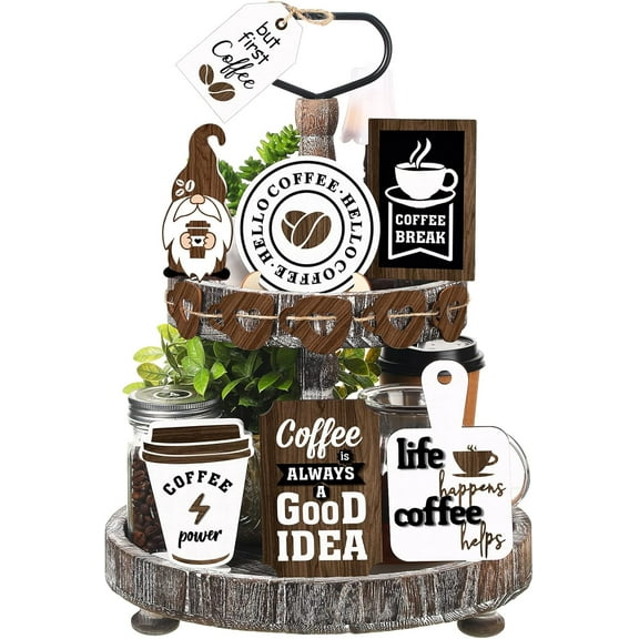 Two Tiered Tray with 11 Pcs Wooden Signs, 18" Farmhouse Tiered Tray Decor Set, Rustic Wood Home Kitchen Table Stand Decor, Decorative Table Shelf Centerpiece