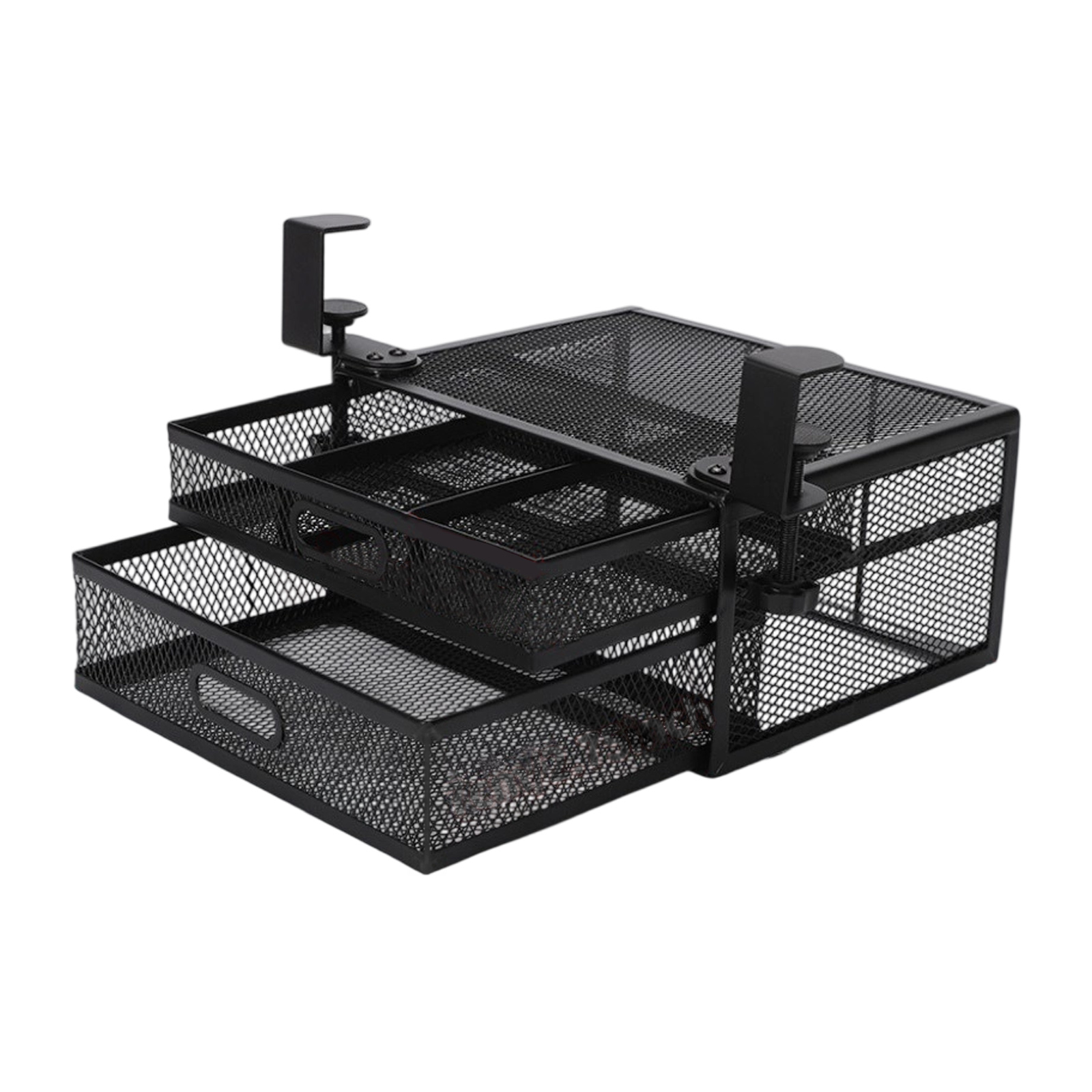 Two Tiers Double Sliding Drawers Metal Under Desk Organiser Practical Black Frame Basket for Home Storage