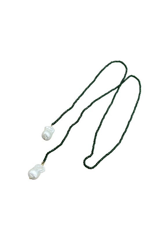 Two Tiers Green Spinel Crystals With White Pearls Necklace Adjustable Length Chain for Daily Wear
