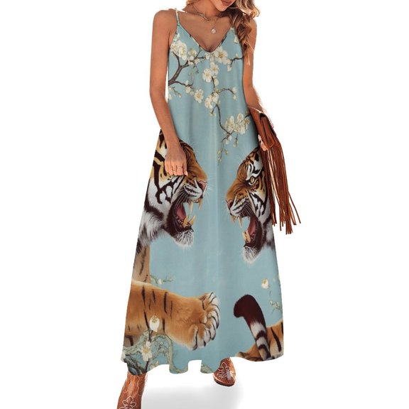 Two Tigers Facing Blossom Branch Sleeveless Dress Loose Women's Dress Dresses Luxury Evening Dresses