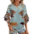 thumbnail image 1 of Two Tigers Facing Blossom Branch Women's V-Neck Blouse With 3/4 Ruffled Bell Sleeves Casual Top Ladies Blouses, 1 of 7