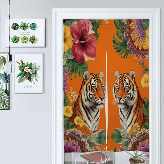 Two Tigers Tropical Floral Orange Door Curtain Nordic Living Room DoorCurtain Porch Partition Curtain Kitchen Rative Half Curtain