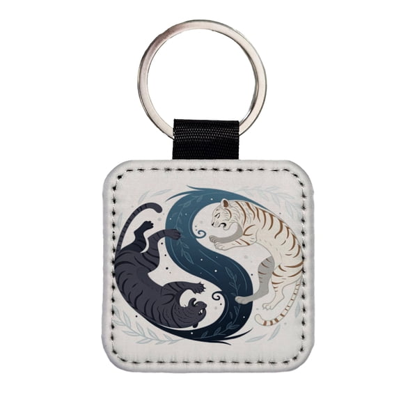 Two Tigers Yin Yang Awesome Faux Leather Square Keychain