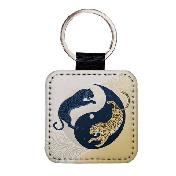 Two Tigers Yin Yang Faux Leather Square Keychain