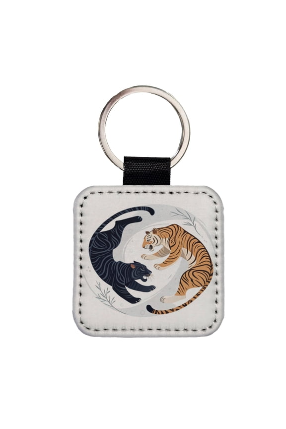 Two Tigers Yin Yang Illustration Faux Leather Square Keychain
