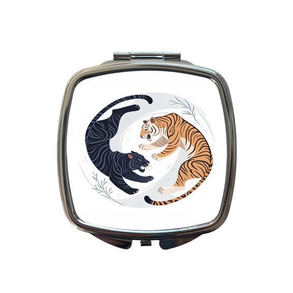 Two Tigers Yin Yang Illustration Travel Makeup Handbag Purse Small Pocket Compact Mirror