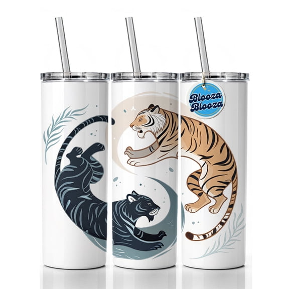 Two Tigers Yin Yang Orange Dark 20oz Insulated Water Bottle Skinny Tumbler Includes Straw
