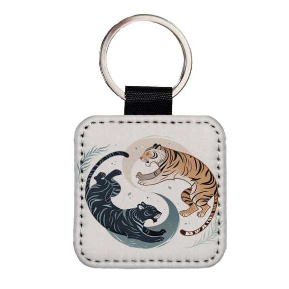 Two Tigers Yin Yang Orange Dark Faux Leather Square Keychain