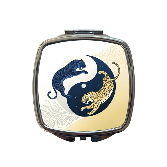 Two Tigers Yin Yang Travel Makeup Handbag Purse Small Pocket Compact Mirror