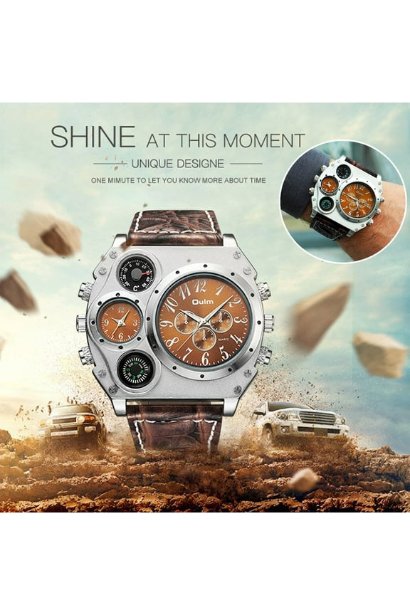 Two Time Zones Men Army Sports Fashion Big Dial Leather Strap Quartz Wrist Watch