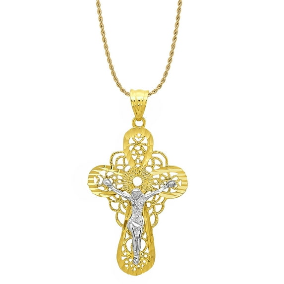 Two-Tone 14K Gold Heavy Plated Filigree Celtic Crucifix Pendant + 20" 2.2mm Curb Chain Necklace Set
