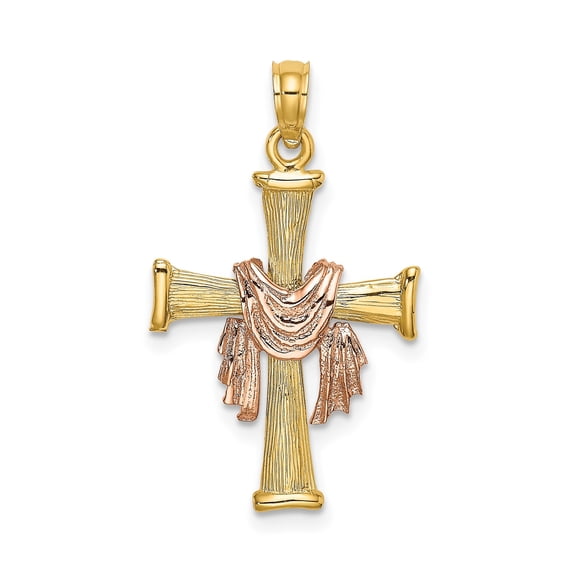 14K Two-Tone Textured Cross Pendant with Drape Charm, 26.1 mm