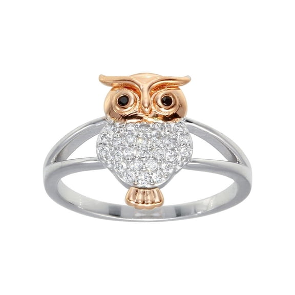 Two-Tone 925 Rose Gold Plated Sterling Silver Clear CZ Owl Ring White Jewelry Female Size 7