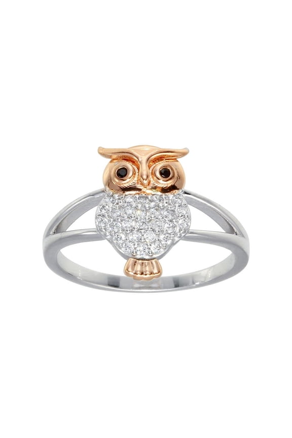 Two-Tone 925 Rose Gold Plated Sterling Silver Clear CZ Owl Ring White Jewelry Female Size 9