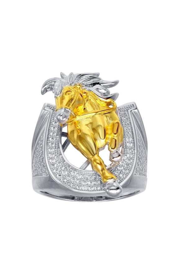 Two-Tone 925 Sterling Silver Clear CZ Horseshoe Gold Horse Band Ring White Female Size 10