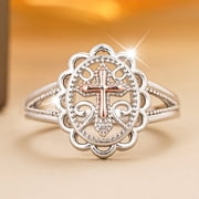 Two-Tone 925 Sterling Silver Plated Cross Statement Rings for Women Men,Victorian Religious Style Signet Oval Shape Cross Ring for Women's Jewelry Gifts Size 6-108#