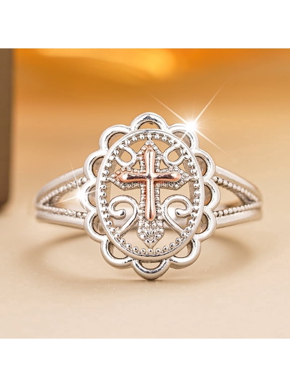 Two-Tone 925 Sterling Silver Plated Cross Statement Rings for Women Men,Victorian Religious Style Signet Oval Shape Cross Ring for Women's Jewelry Gifts Size 6-10(8#)