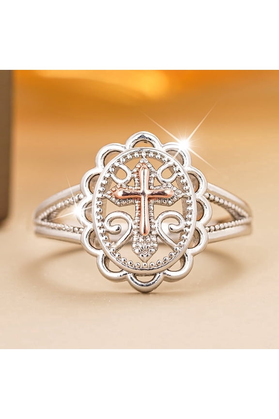 Two-Tone 925 Sterling Silver Plated Cross Statement Rings for Women Men,Victorian Religious Style Signet Oval Shape Cross Ring for Women's Jewelry Gifts Size 6-10(8#)