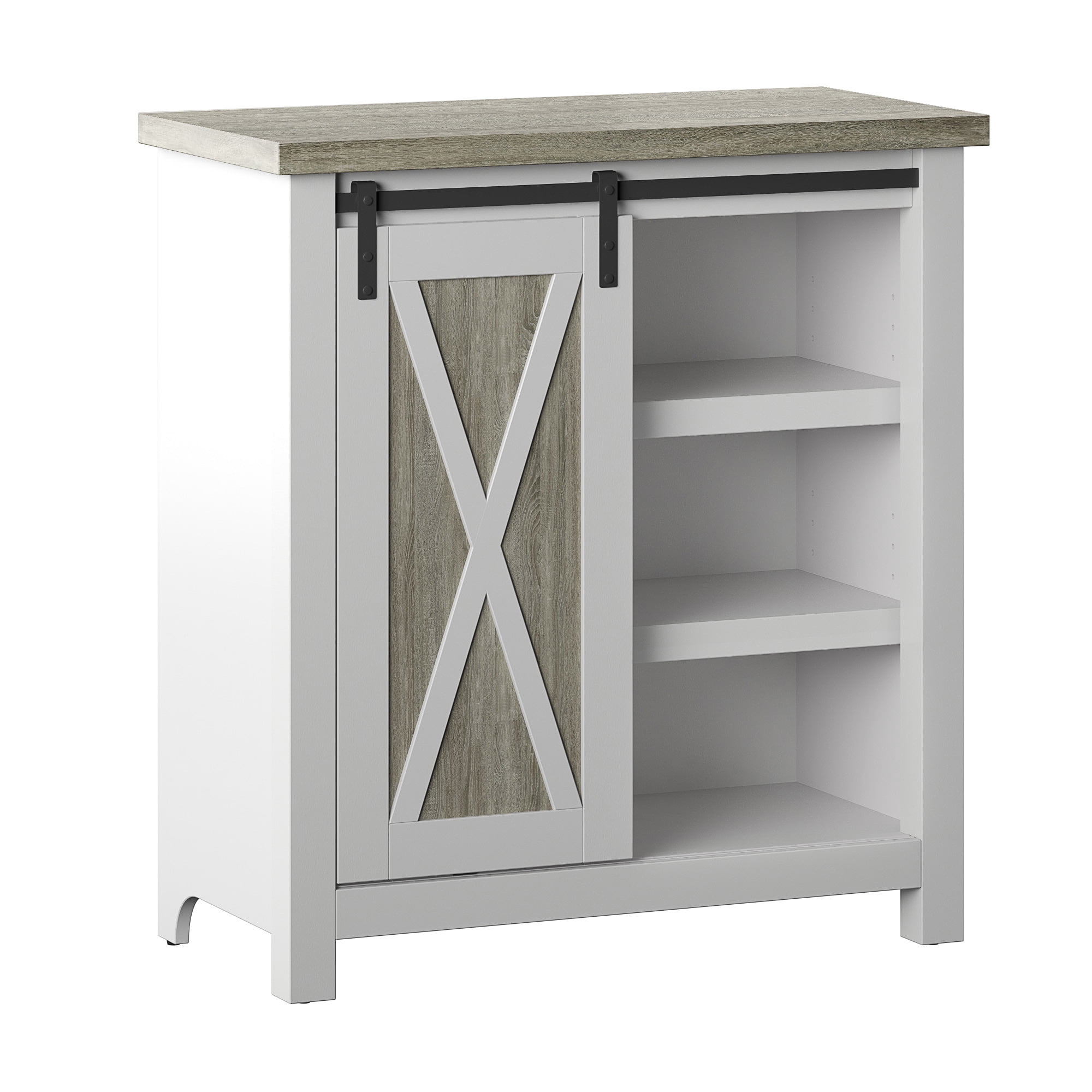 Two Tone Accent Cabinet with Sliding Barn Door and Adjustable Shelving in White