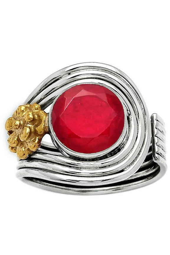 Two Tone Adjustable Flower - Ruby Simulated 925 Silver Ring s.6.5 Jewelry SDR150975